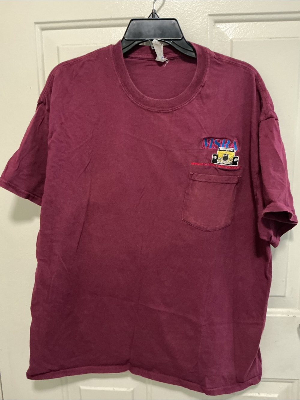 Gildan Men's Short Sleeve Pocket Tee in Burgundy with Embroidered Car Logo